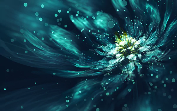 HD abstract fractal wallpaper featuring a glittering flower-like design in vibrant teal and green hues.