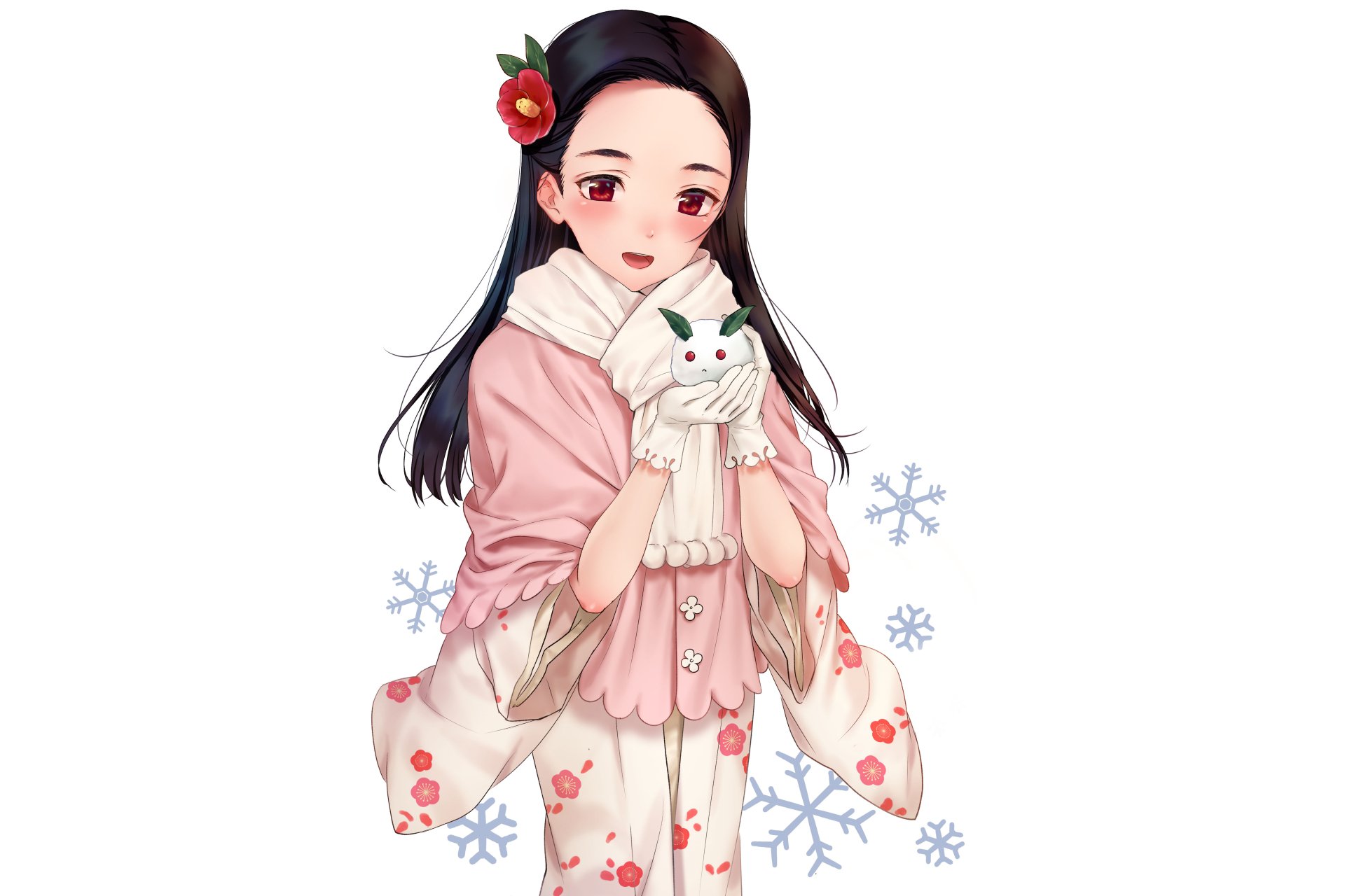 Anime original girl in Japanese clothes and floral kimono, red eyes and black hair with a flower, wearing a scarf and holding a white cat — 5K Ultra HD PC desktop wallpaper.