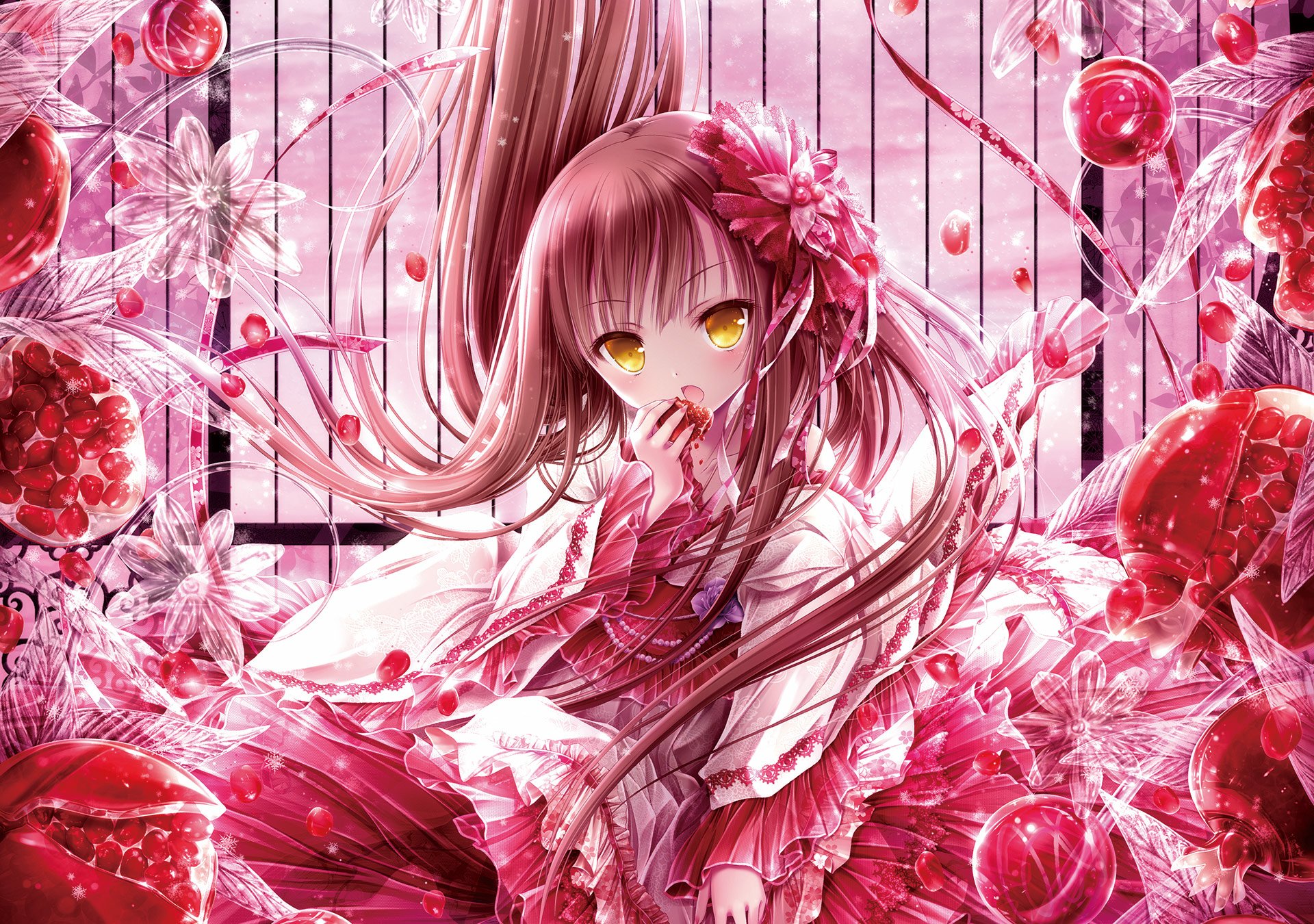 HD anime wallpaper featuring a vibrant anime girl with long pink hair and yellow eyes, surrounded by intricate floral and decorative red elements.