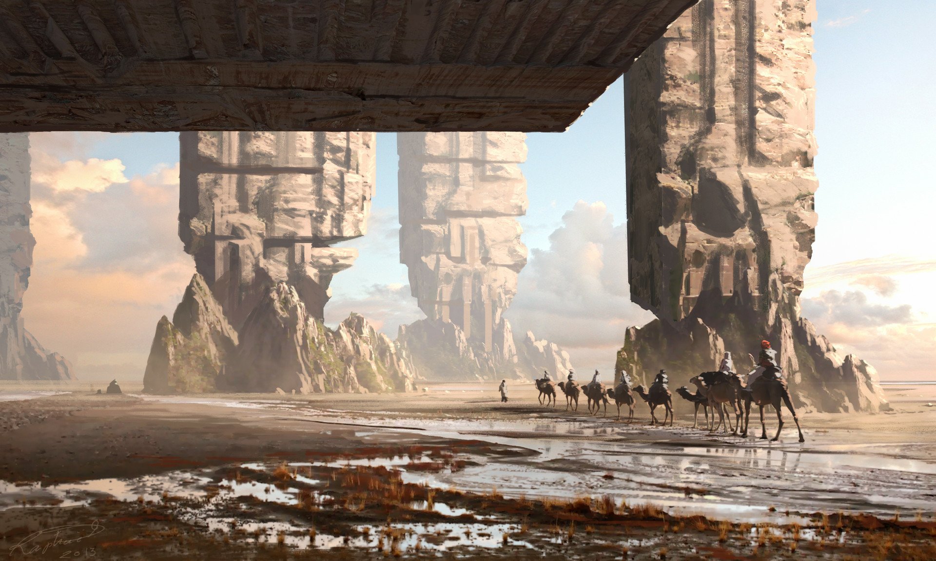 HD desktop wallpaper featuring a fantasy desert landscape with towering rock formations and a caravan of camels under a massive structure. The scene blends surreal elements with a barren environment.
