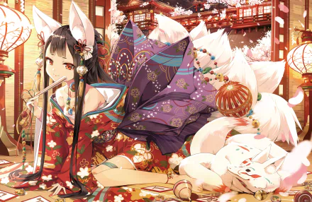Anime girl with black hair, red eyes, and animal ears, dressed in traditional Japanese clothes. She is alongside a white fox, set against a detailed, vibrant background. HD desktop wallpaper.