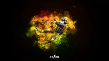 HD wallpaper of a Counter-Strike: Global Offensive player aiming a sniper rifle, surrounded by vibrant, colorful smoke effects with a dark background. CS:GO logo is displayed at the bottom.