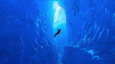 A climber ascends inside a vibrant blue glacier ice cave, showcasing winter ice climbing amid stunning frozen formations.