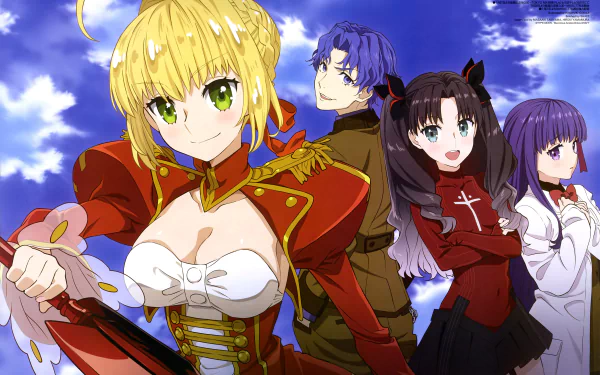 4K Ultra HD PC wallpaper featuring Rin Tohsaka, Saber, Shinji Matou, and Sakura Matou from the Fate/extra anime series against a vivid blue sky.