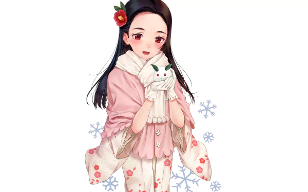 Anime original girl in Japanese clothes and floral kimono, red eyes and black hair with a flower, wearing a scarf and holding a white cat — 5K Ultra HD PC desktop wallpaper.