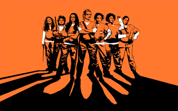 HD desktop wallpaper featuring the main cast of the TV show Orange Is the New Black, illustrated in bold orange and black tones.