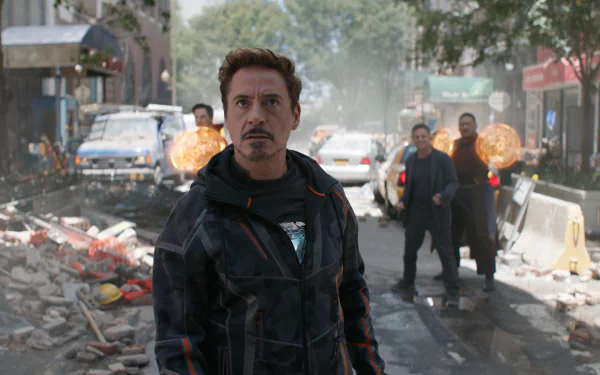 HD desktop wallpaper featuring Tony Stark (Iron Man) and Stephen Strange in a city scene from the movie Avengers: Infinity War.