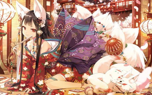 Anime Girl Animal Ears Japanese Clothes Red Eyes Black Hair Kitsune HD Wallpaper | Background Image