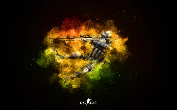 HD wallpaper of a Counter-Strike: Global Offensive player aiming a sniper rifle, surrounded by vibrant, colorful smoke effects with a dark background. CS:GO logo is displayed at the bottom.