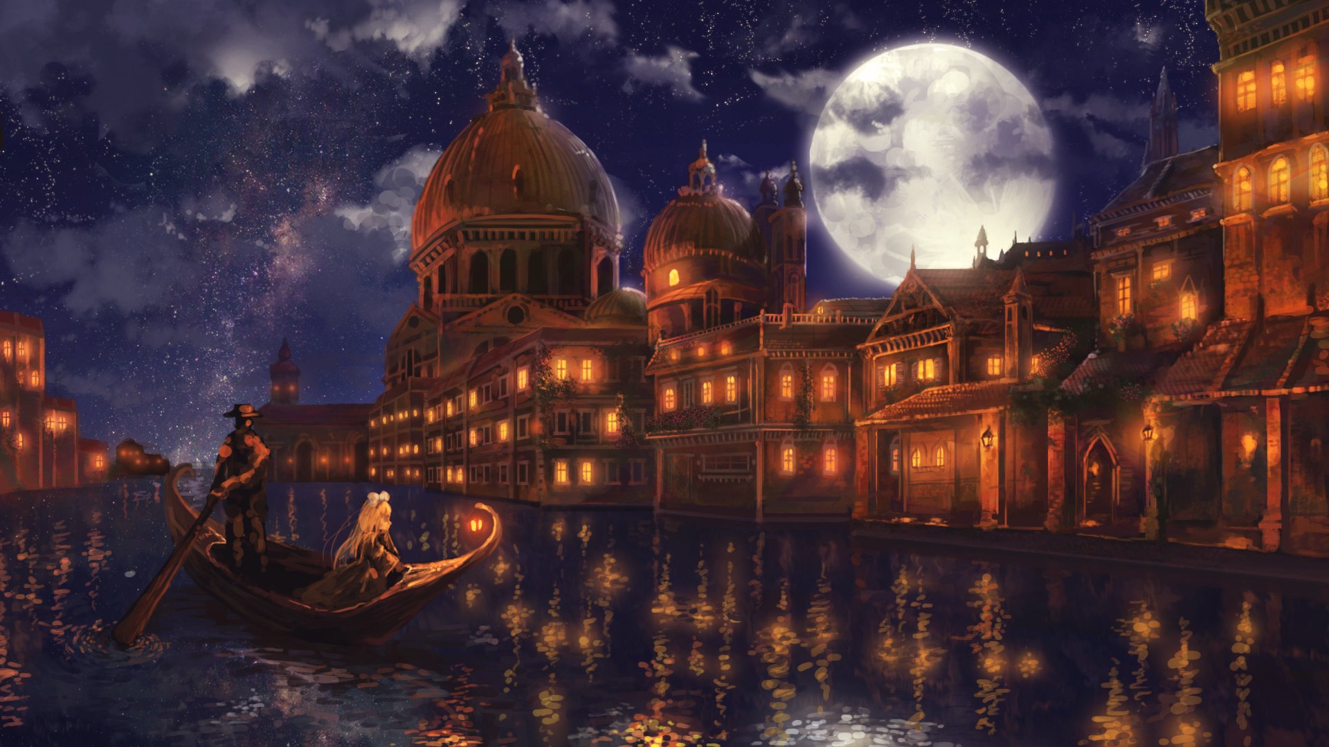 Anime-style night scene of a gondola on a river through a town, with a full moon and illuminated buildings. This HD desktop wallpaper captures a serene and magical ambiance.