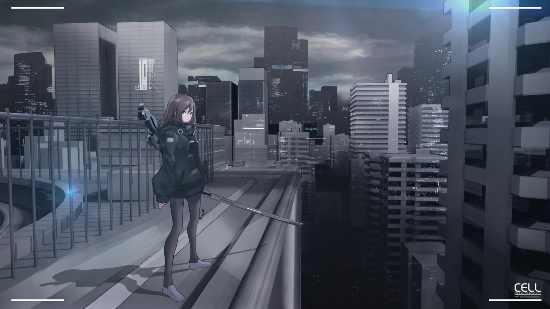 HD wallpaper illustration featuring an original anime character standing on a rooftop at night, overlooking a city skyline with modern buildings and skyscrapers.