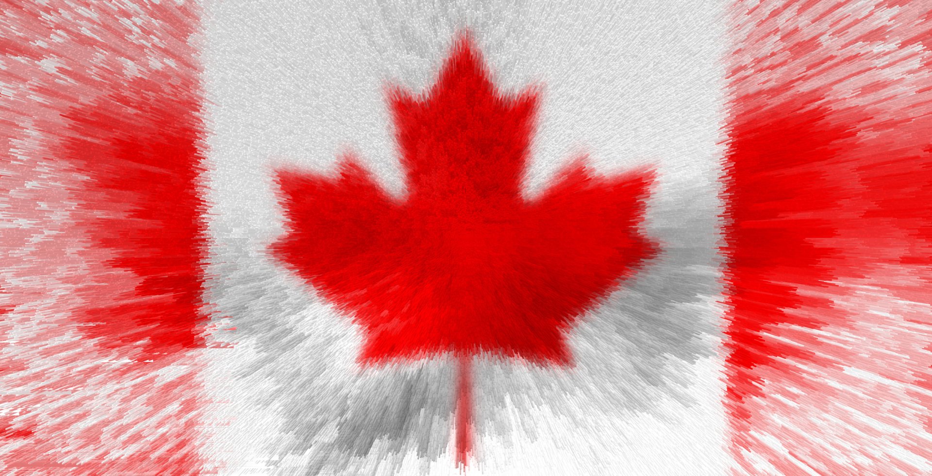 Stylized flag of Canada featuring a red maple leaf with a blurred radial burst effect; HD PC desktop wallpaper/background (Canada flag, Misc).