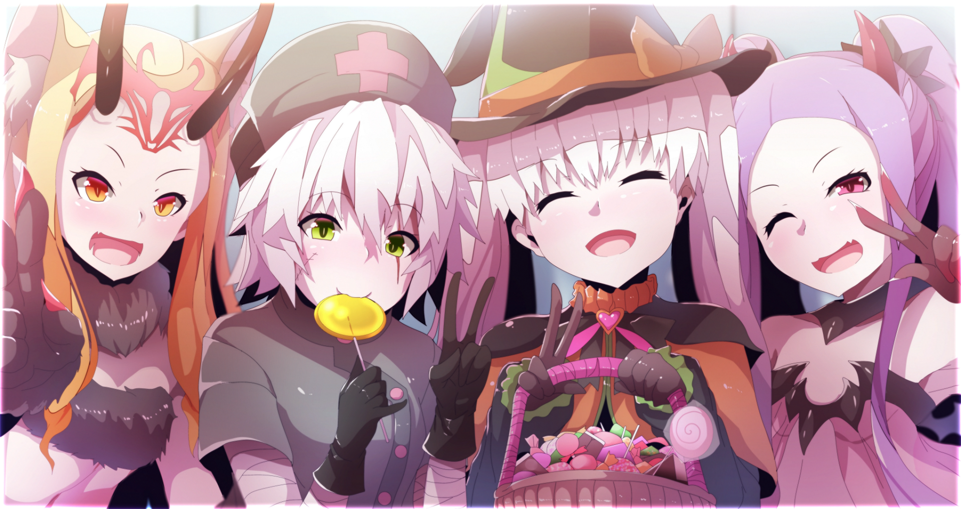 HD PC wallpaper of Fate characters — Wu Zetian, Ibaraki Douji, Nursery Rhyme and Jack the Ripper (Fate/Grand Order, Fate/Apocrypha) smiling in colorful anime style.