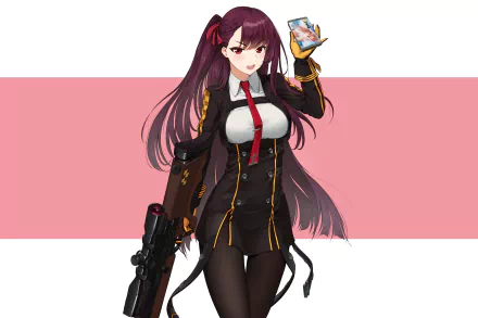 HD desktop wallpaper of WA2000 from the video game Girls Frontline, featuring a character holding a rifle and a smartphone, against a pink and white background.