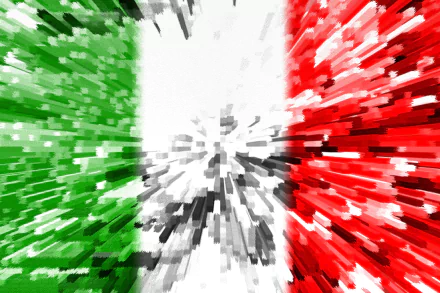 HD PC desktop wallpaper featuring a dynamic, abstract design of the Italian flag with green, white, and red colors in a pixelated burst effect.