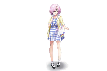 Mashu Kyrielight from Fate/Grand Order, anime-style full-body portrait: glasses, blue gingham dress and yellow cardigan, holding a small plush — 2K Quad HD PC desktop wallpaper.