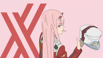 HD wallpaper featuring Zero Two from Darling in the FranXX, depicted with pink hair and a pilot suit, against a stylized pink background.