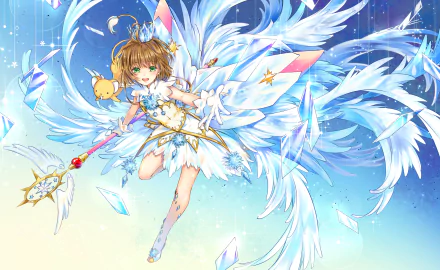 HD PC wallpaper featuring Sakura Kinomoto in a white dress with wings and a crown, accompanied by Keroberos, from the anime Cardcaptor Sakura.