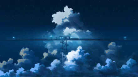 HD desktop wallpaper featuring an original anime-style scene with a bridge extending above fluffy clouds under a starry night sky.