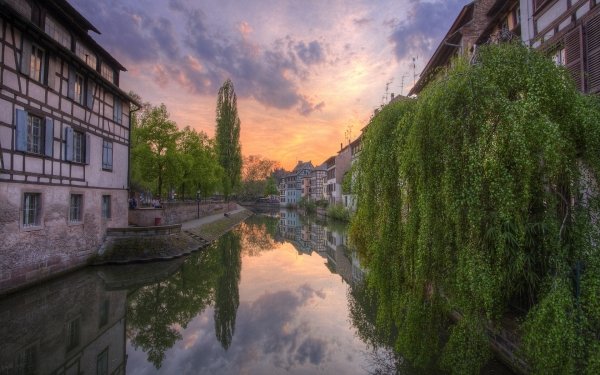Man Made Strasbourg Cities France Sunset Sky Water Vegetation House Canal Reflection HD Wallpaper | Background Image