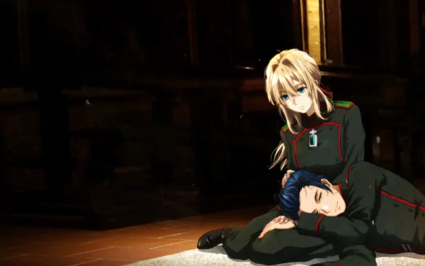 HD wallpaper featuring Gilbert Bougainvillea resting his head on Violet Evergarden's lap, from the anime Violet Evergarden. Both characters wear military uniforms, set against a dark, intimate background.