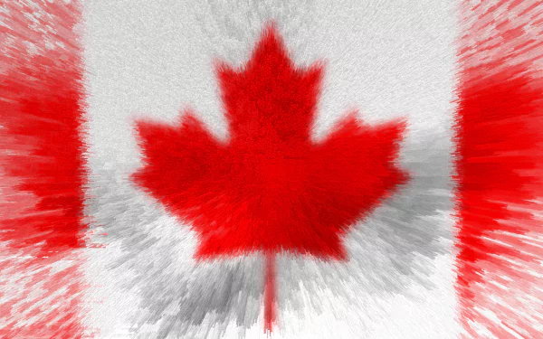 Stylized flag of Canada featuring a red maple leaf with a blurred radial burst effect; HD PC desktop wallpaper/background (Canada flag, Misc).