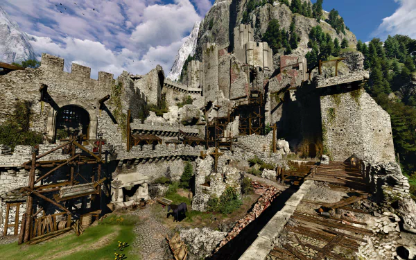 A detailed 8K Ultra HD PC wallpaper of a rugged medieval fortress set against a mountainous landscape from the video game The Witcher 3: Wild Hunt.