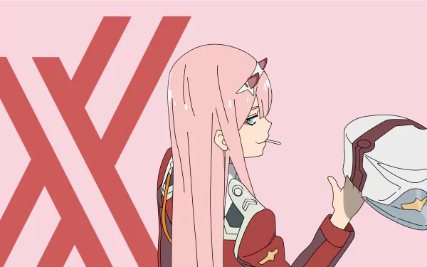 HD wallpaper featuring Zero Two from Darling in the FranXX, depicted with pink hair and a pilot suit, against a stylized pink background.