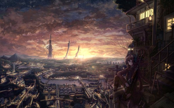 Anime Original Rifle Glasses Sunset City Cloud Sky Tower House Mountain River HD Wallpaper | Background Image