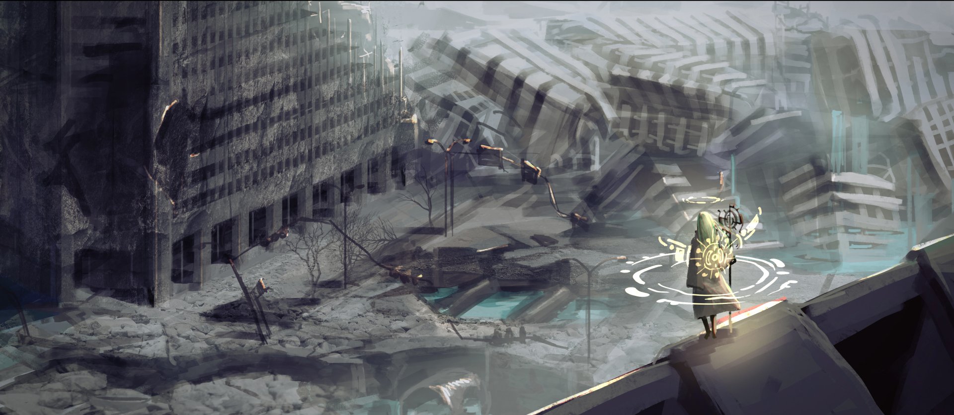 Anime original HD PC desktop wallpaper/background: lone cloaked figure with lantern on a rooftop overlooking a foggy, flooded ruined city with glowing runes and turquoise pools.