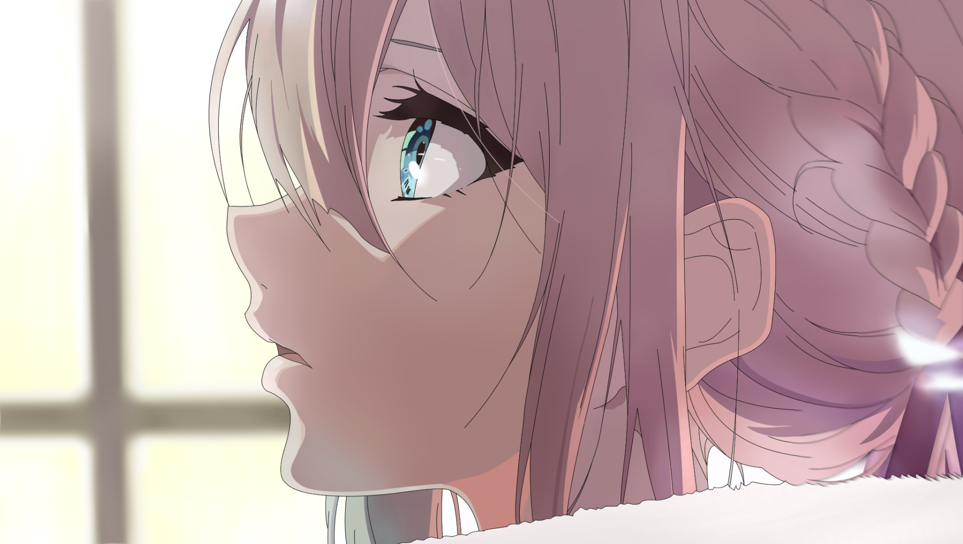 HD wallpaper of Violet Evergarden, an anime character, in a portrait with a reflective expression, detailed hair, and a soft background.