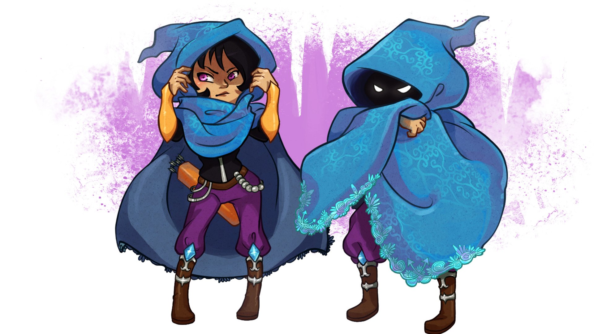 HD PC desktop wallpaper of Last of the Order from the video game TowerFall Ascension: two blue‑cloaked characters — a masked hooded figure and a young archer — on a purple splash background.