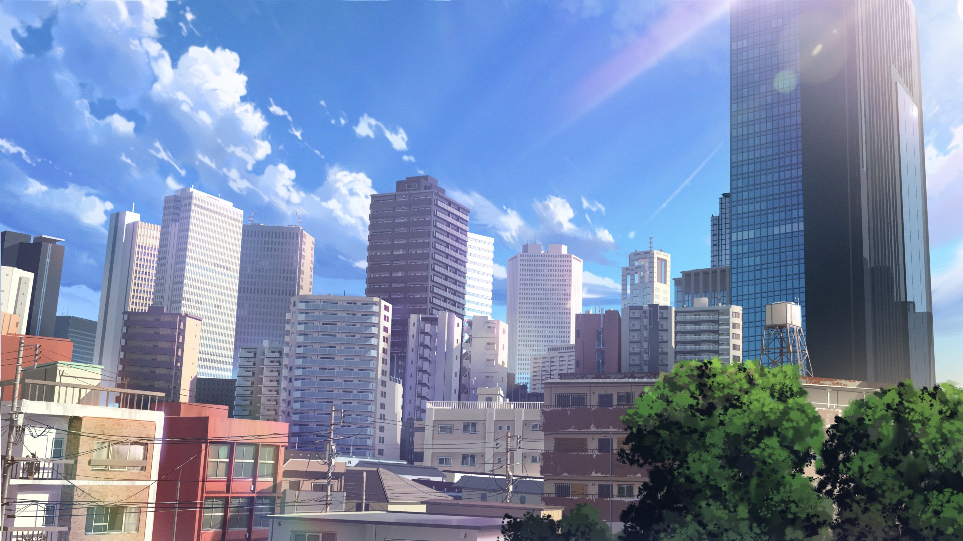 Anime, original HD PC desktop wallpaper and background: sunlit modern city skyline with glass skyscrapers, fluffy clouds, and a green tree bathed in bright blue sky.