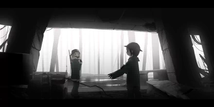 HD PC wallpaper featuring Yuuri and Chito from the anime Girls' Last Tour, depicted in a monochrome scene with soft backlighting.