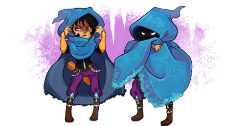 HD PC desktop wallpaper of Last of the Order from the video game TowerFall Ascension: two blue‑cloaked characters — a masked hooded figure and a young archer — on a purple splash background.