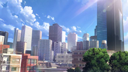 Anime, original HD PC desktop wallpaper and background: sunlit modern city skyline with glass skyscrapers, fluffy clouds, and a green tree bathed in bright blue sky.