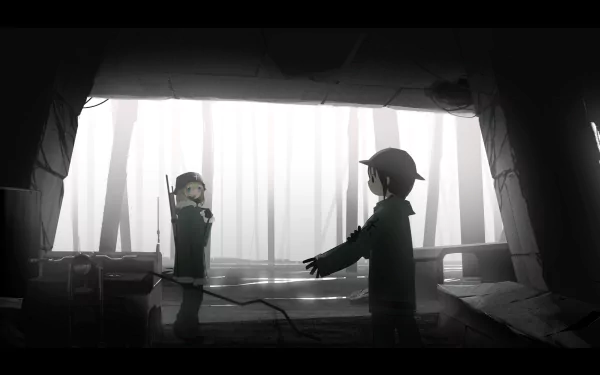 HD PC wallpaper featuring Yuuri and Chito from the anime Girls' Last Tour, depicted in a monochrome scene with soft backlighting.