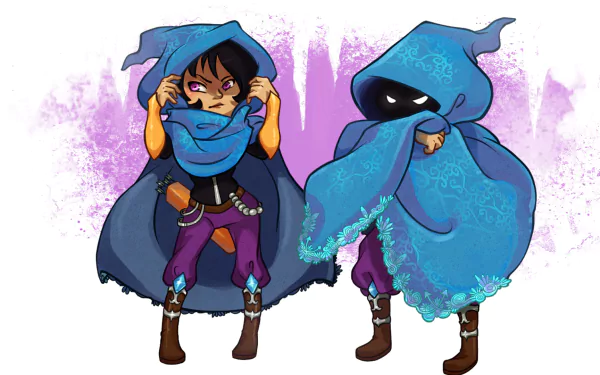 HD PC desktop wallpaper of Last of the Order from the video game TowerFall Ascension: two blue‑cloaked characters — a masked hooded figure and a young archer — on a purple splash background.