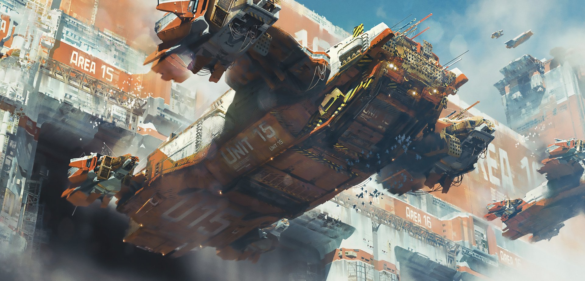 HD PC desktop wallpaper featuring a massive sci-fi cargo aircraft flying over a futuristic industrial area marked Area 15 with detailed textures and dynamic lighting.