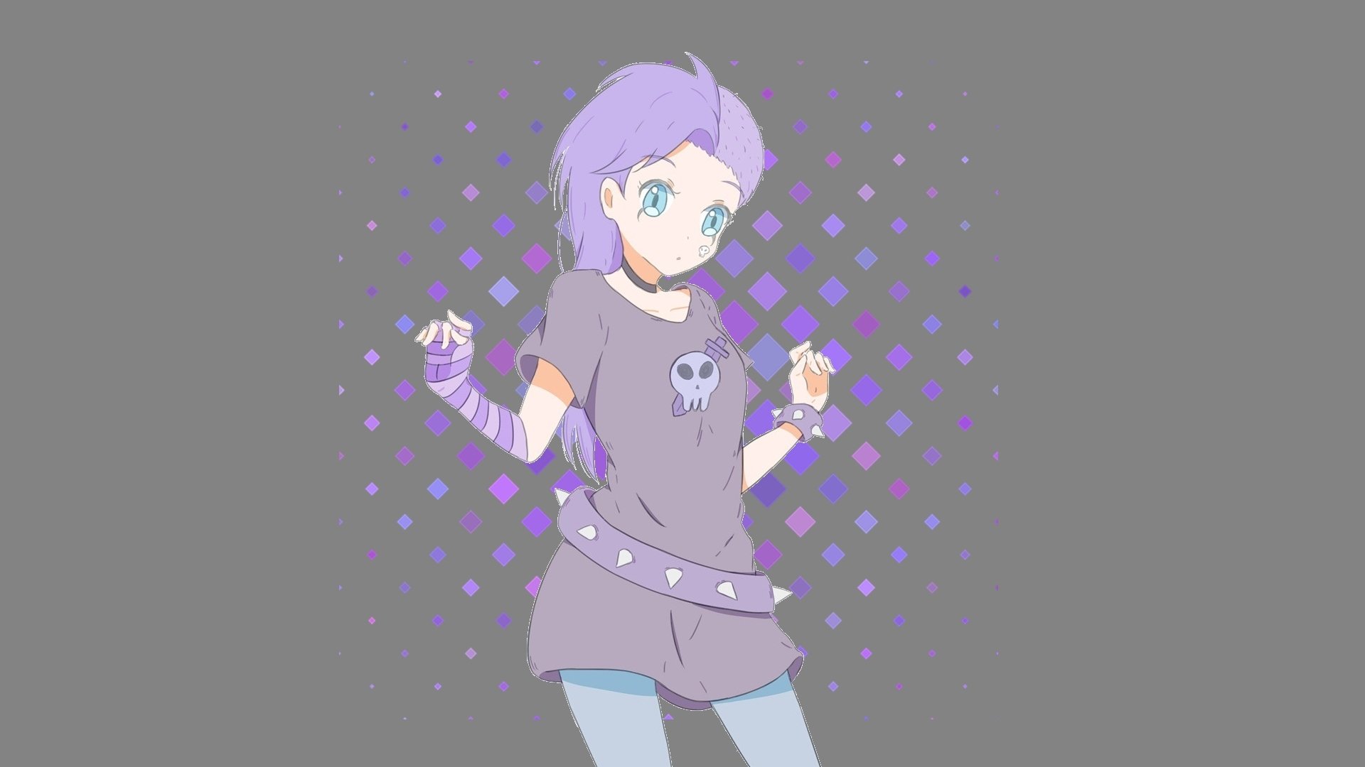 HD PC desktop wallpaper of a purple-haired character from the TV show Star vs. the Forces of Evil, wearing a skull shirt and wrist wraps against a purple dotted gray background.