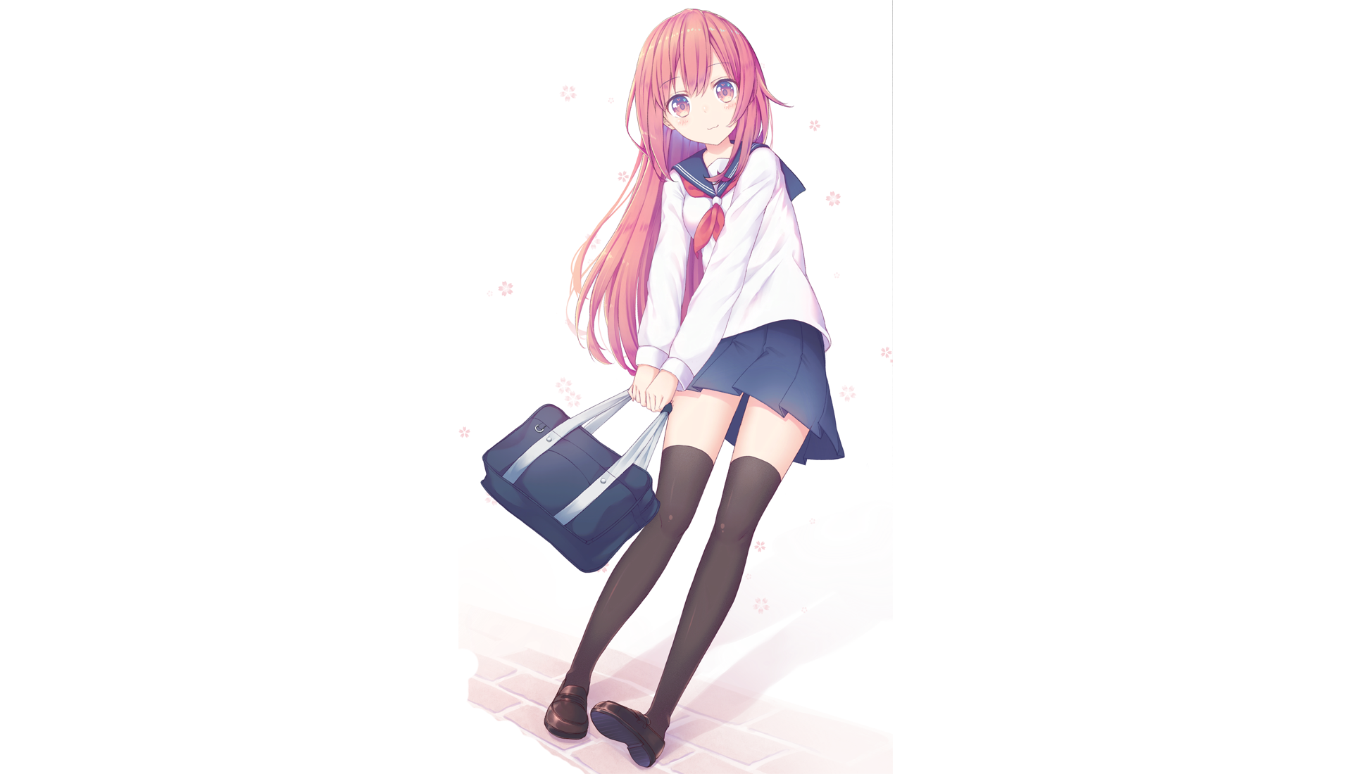 Anime original HD PC desktop wallpaper: pink‑haired schoolgirl in a white sweater, navy skirt and thigh‑high socks, holding a school bag on a soft, light background.