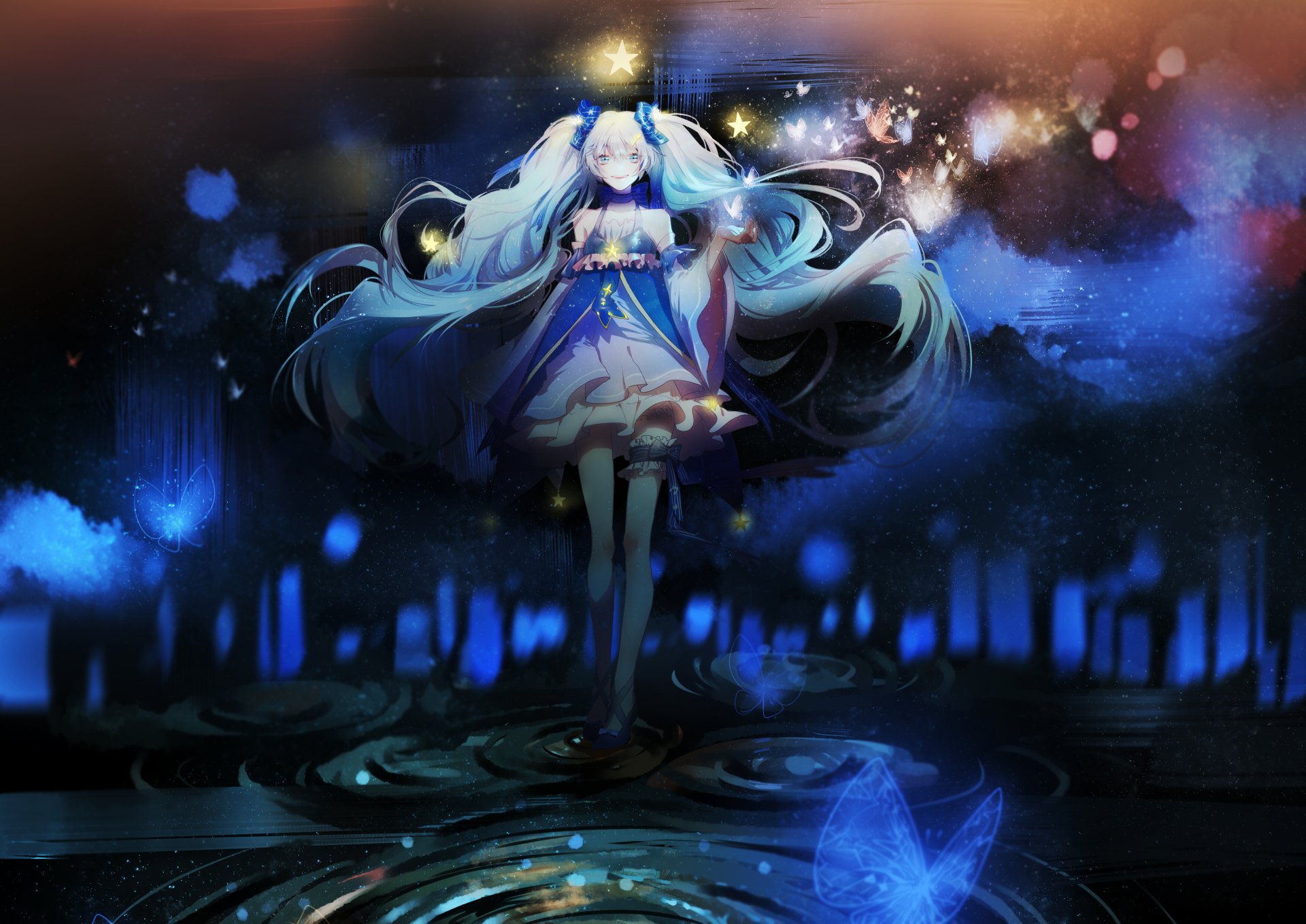 Hatsune Miku in anime Vocaloid style, floating above shimmering water amid glowing blue city lights and starry particles — 2K Quad HD PC desktop wallpaper and background.