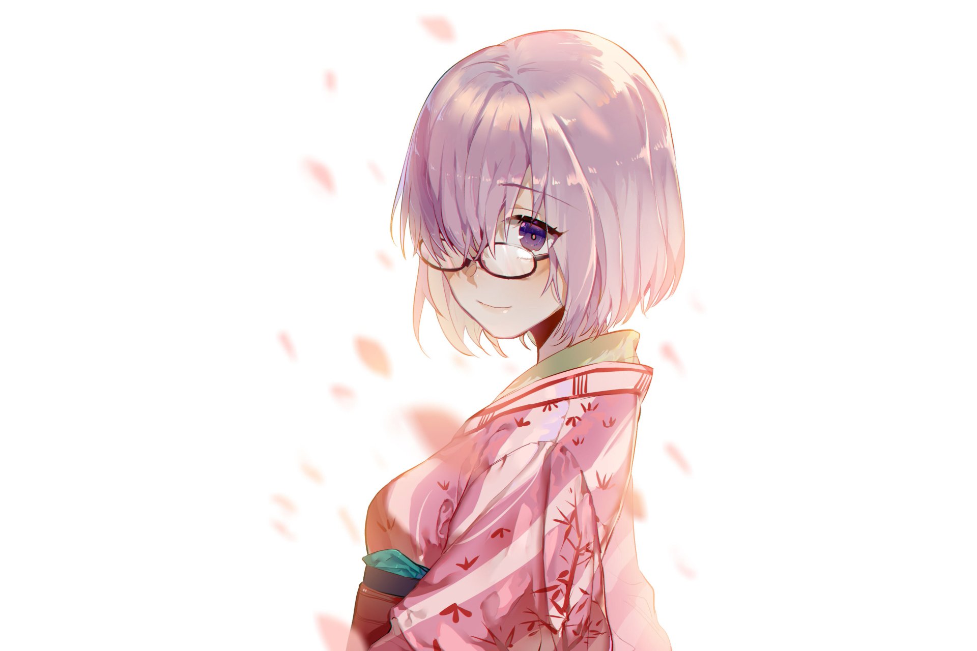 HD PC desktop wallpaper featuring Mashu Kyrielight from the anime Fate/Grand Order, depicted in soft colors with a serene expression and pink floral accents.