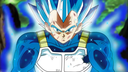 HD desktop wallpaper featuring Vegeta from Dragon Ball Super, displaying his intense look and blue aura against a vibrant background.