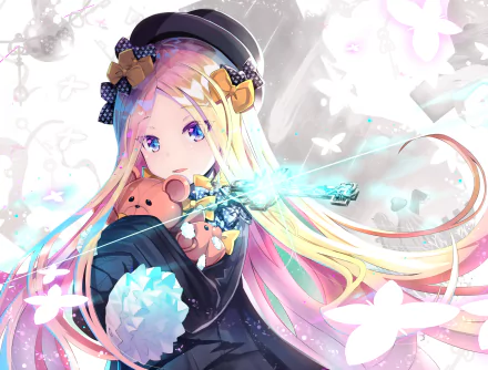 HD desktop wallpaper featuring Abigail Williams from Fate/Grand Order. This anime-style background showcases Abigail with flowing blonde hair, holding plush animals, surrounded by a light, ethereal setting.