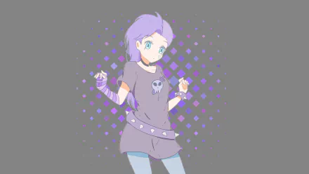 HD PC desktop wallpaper of a purple-haired character from the TV show Star vs. the Forces of Evil, wearing a skull shirt and wrist wraps against a purple dotted gray background.
