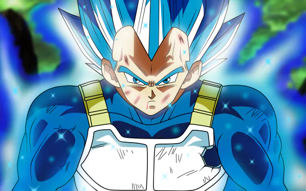 HD desktop wallpaper featuring Vegeta from Dragon Ball Super, displaying his intense look and blue aura against a vibrant background.