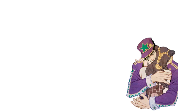 HD PC desktop wallpaper featuring Jolyne Cujoh and Jotaro Kujo from the anime Jojo's Bizarre Adventure in a close embrace.