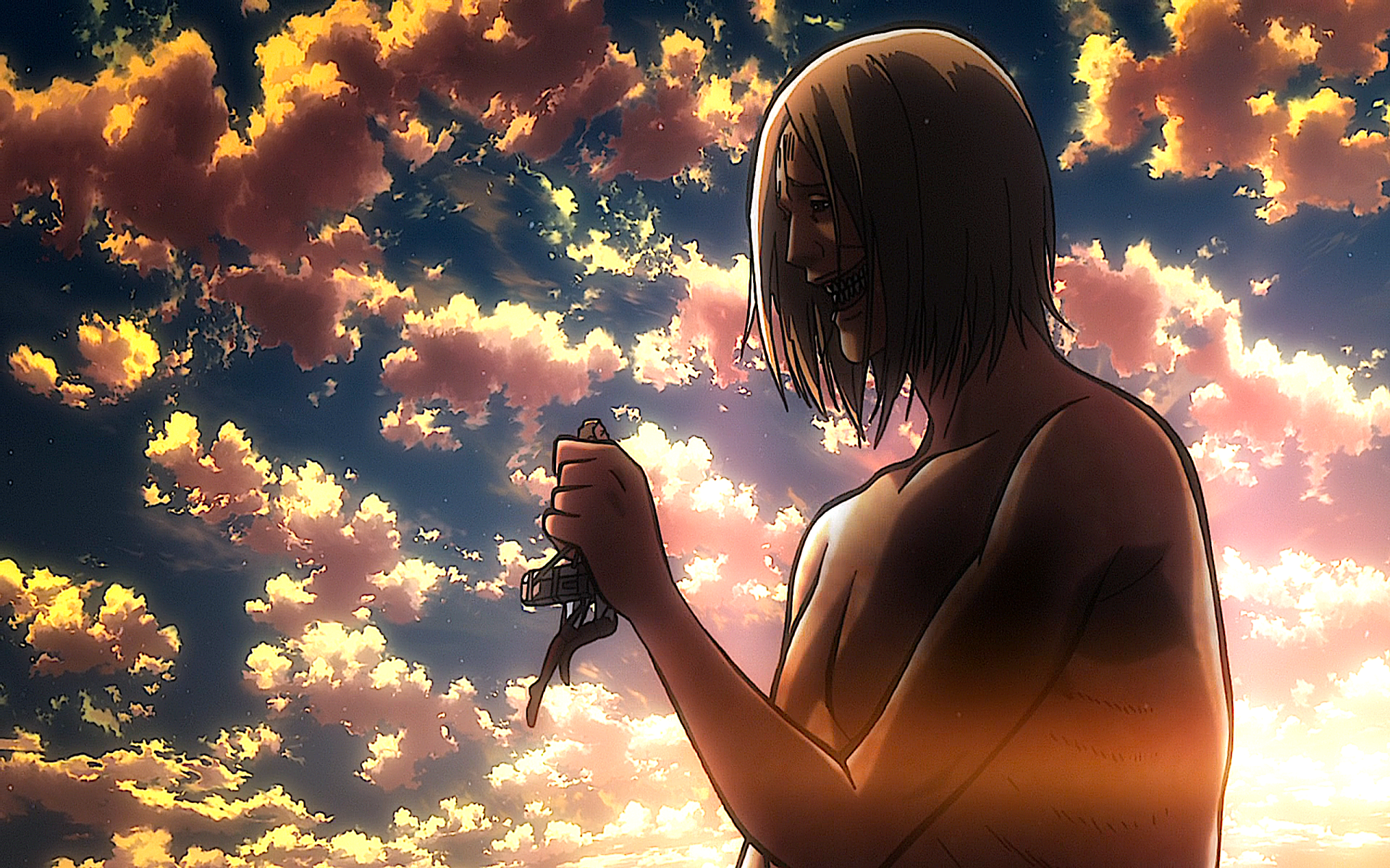 HD desktop wallpaper of the Smiling Titan from Attack on Titan anime, featuring a dramatic scene with vibrant, cloud-filled sunset sky in the background.