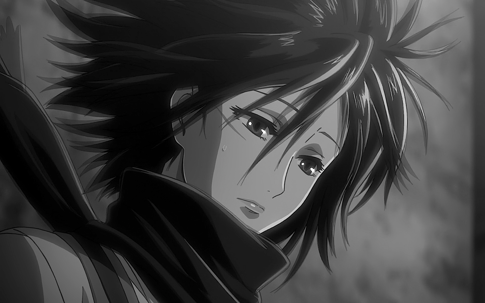 Black and white HD desktop wallpaper featuring a sad Mikasa Ackerman from Attack on Titan. The anime-style image captures her downcast expression and emotional depth.